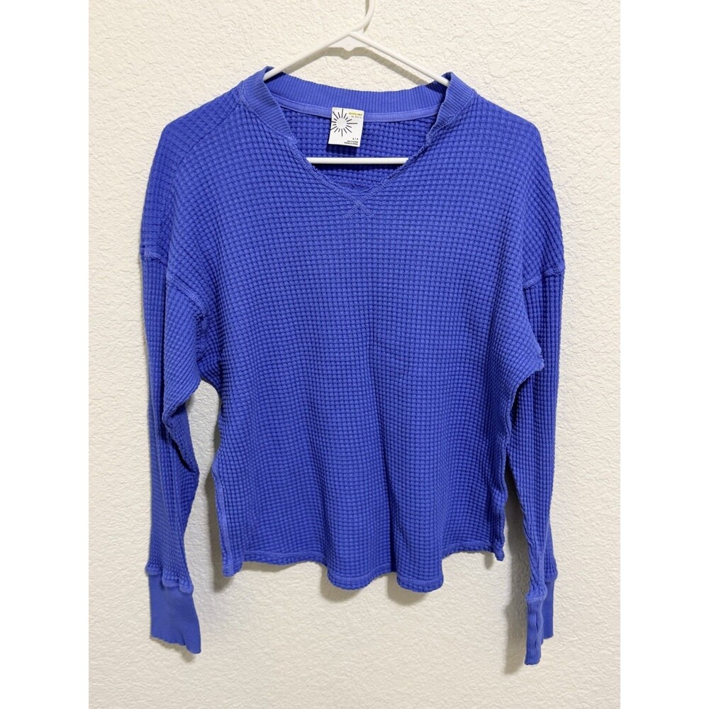 OFFLINE By Aerie Wow! Waffle Notch Neck Henley T-Shirt blue SMALL